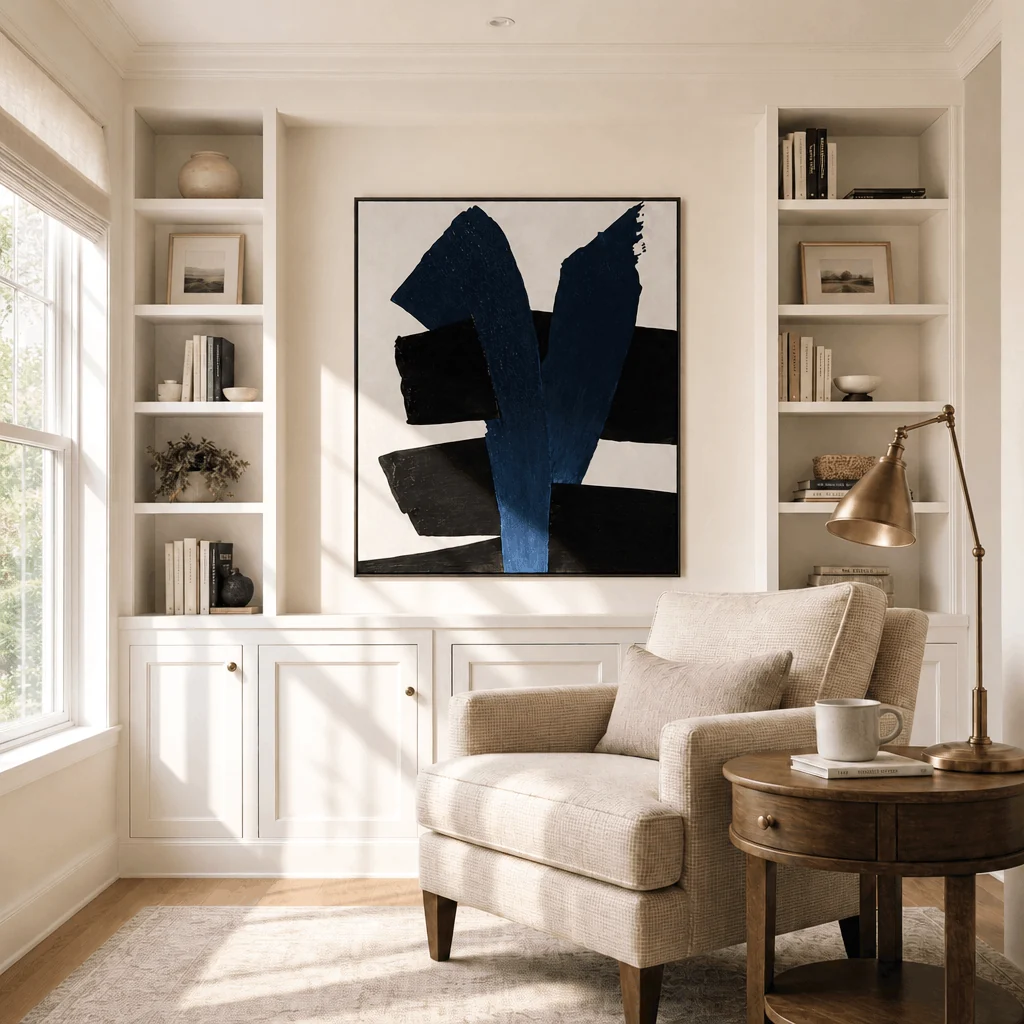 Indigo Form Wall Art in a finished interior.