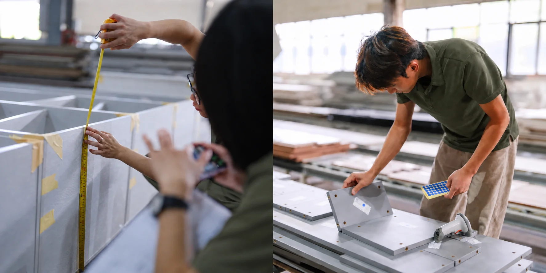 Arcaya team measuring and inspecting cabinetry components