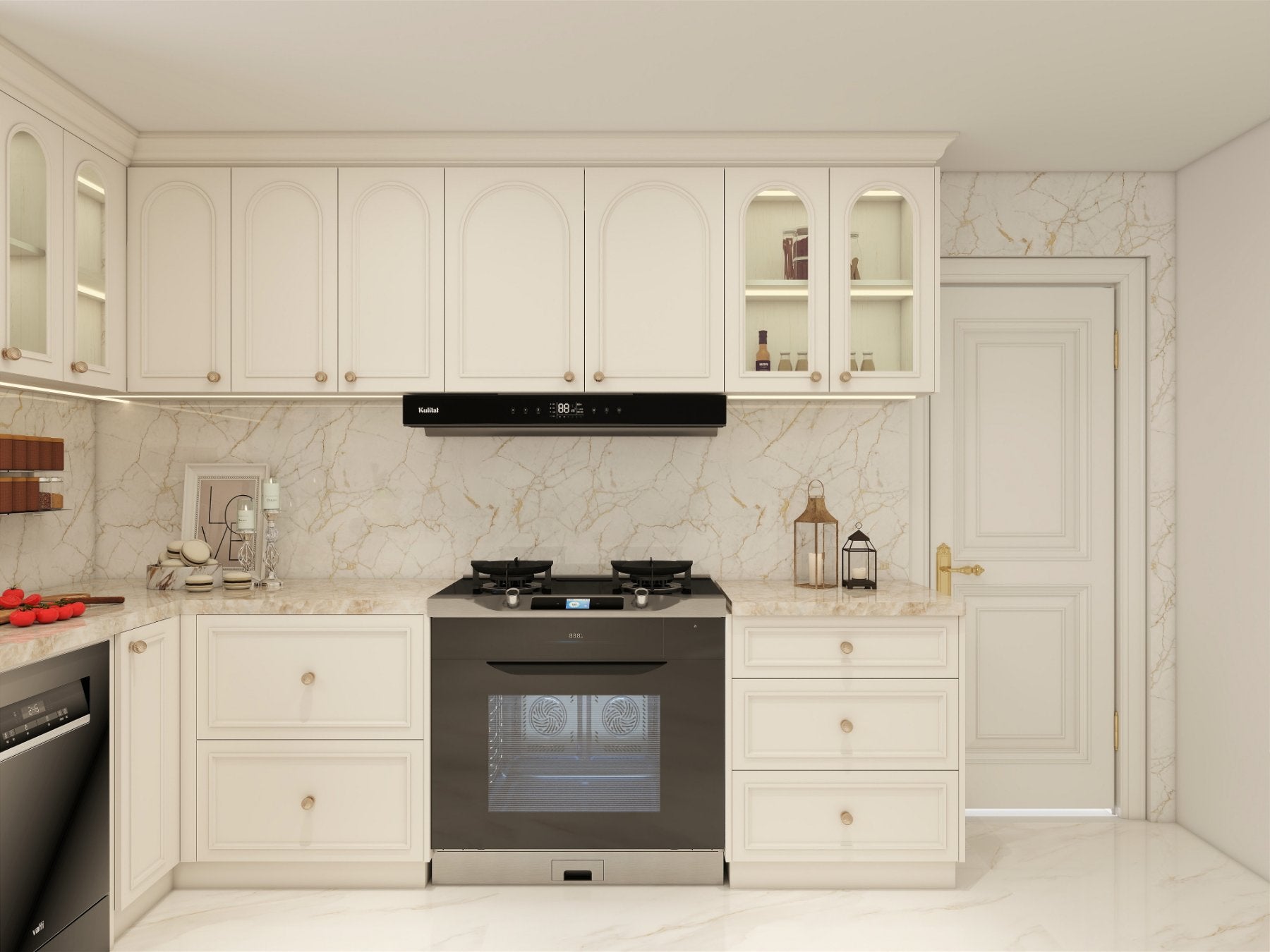 Render of the cooking wall with arched cream uppers, marble backsplash and built-in oven