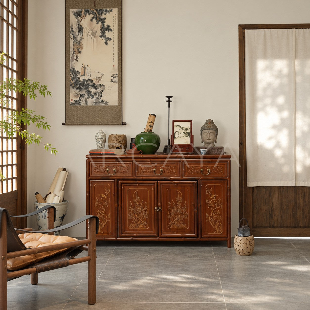 Gold Painted Flower Bird Four Door Sideboard