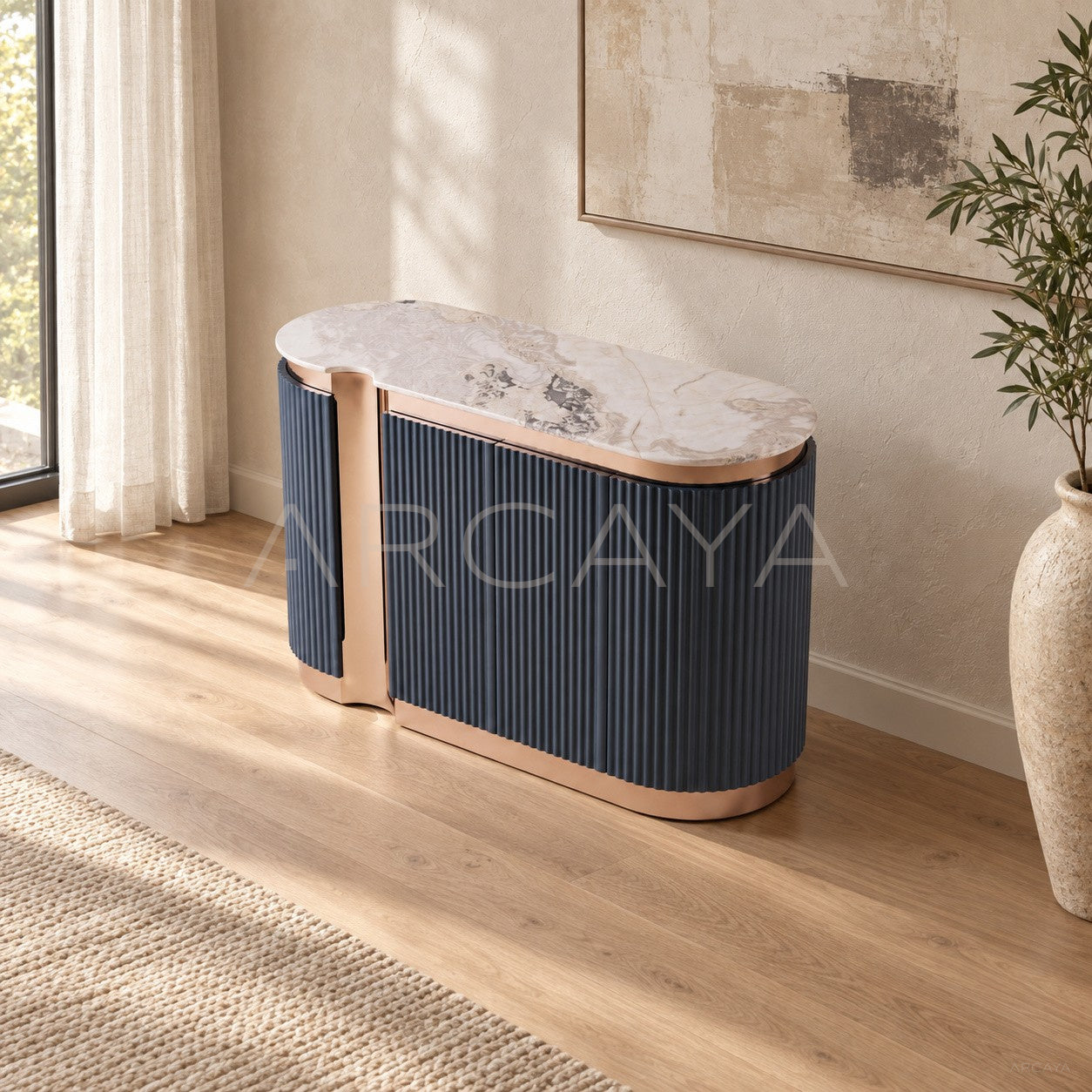 Ink Blue Vertical Lacquer Sideboard Rose Gold
