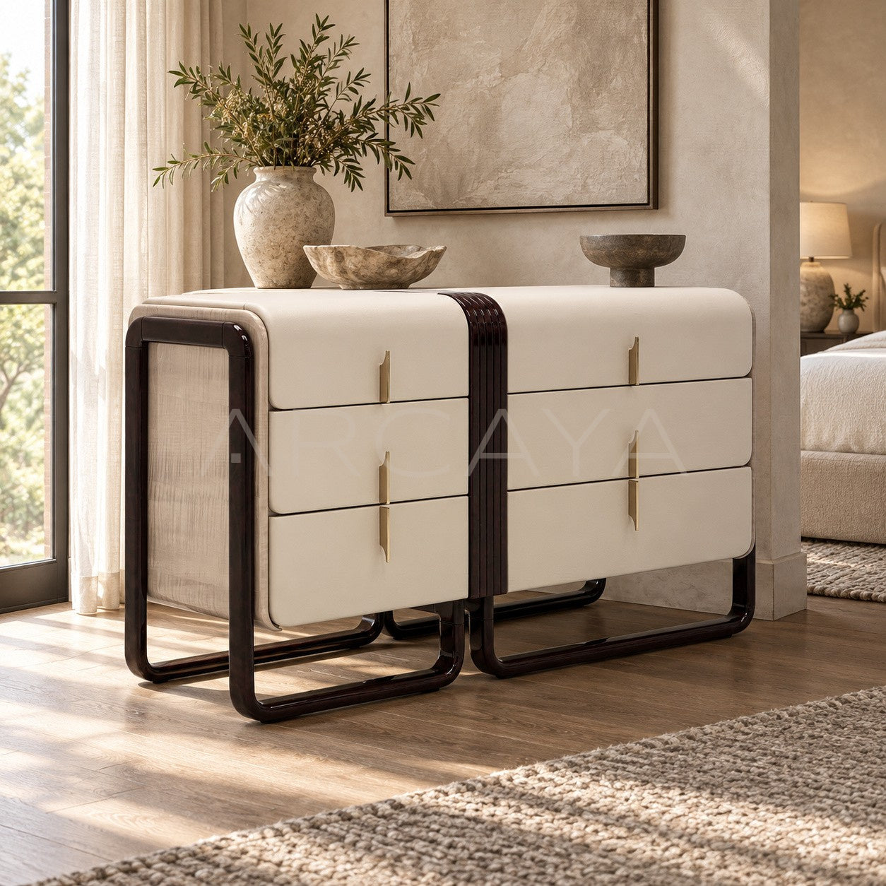 Cream Leather Ebony Curved Frame Six Drawer Chest - scene