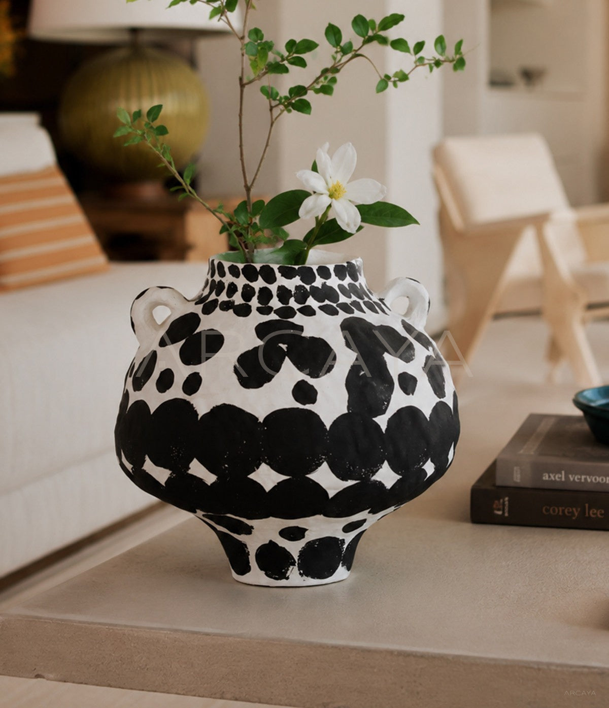 Wabi Sabi Black White Polka Dot Double Ear Vase - scene