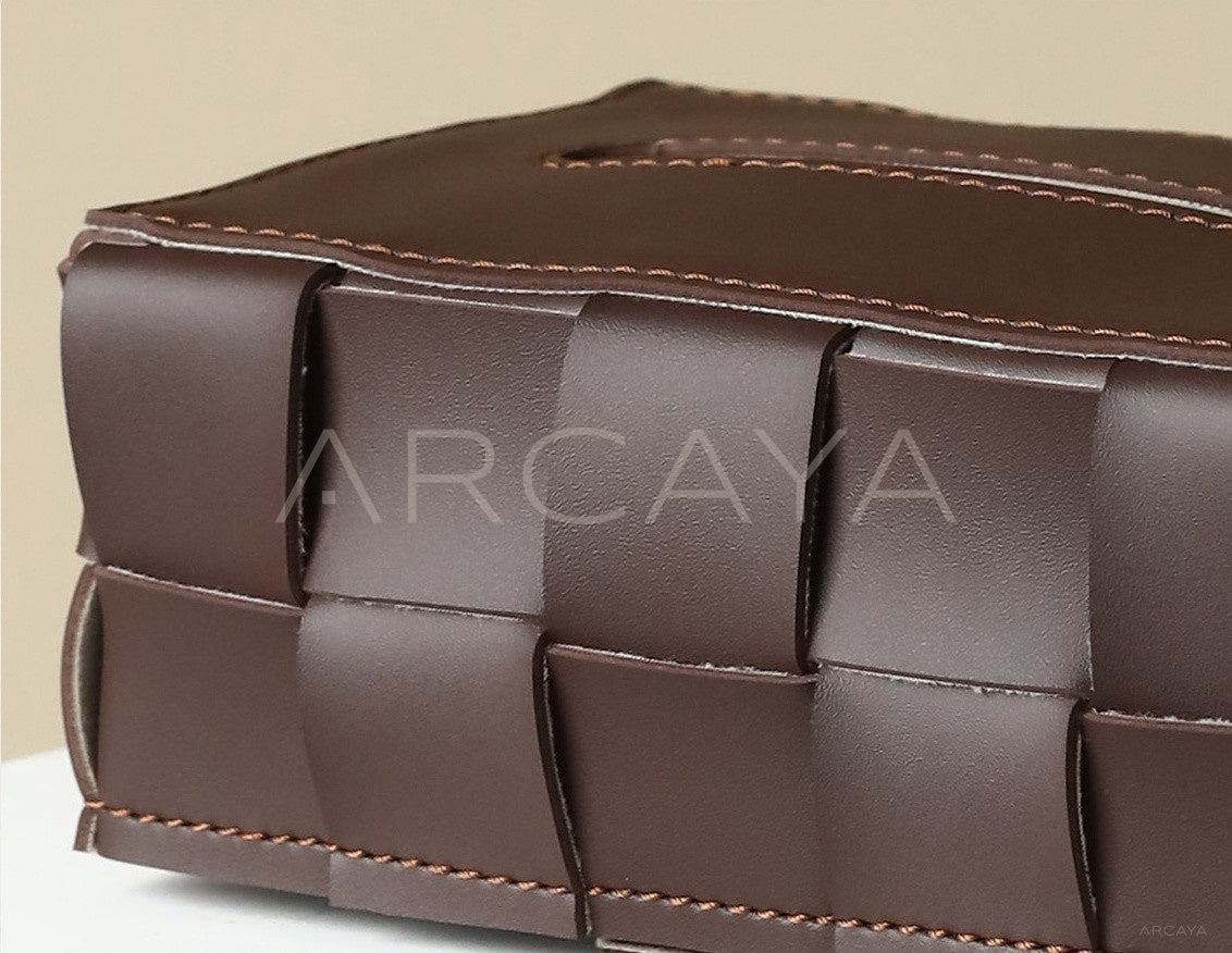 Vintage Brown Handwoven Leather Tissue Box - scene