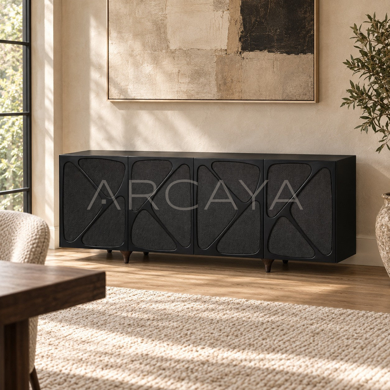 Black Geometric Fabric Four Door Low Sideboard