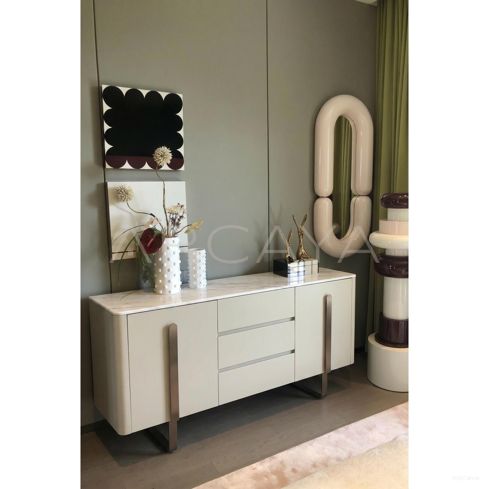 White Sintered Stone Light Grey Lacquer Sideboard - scene