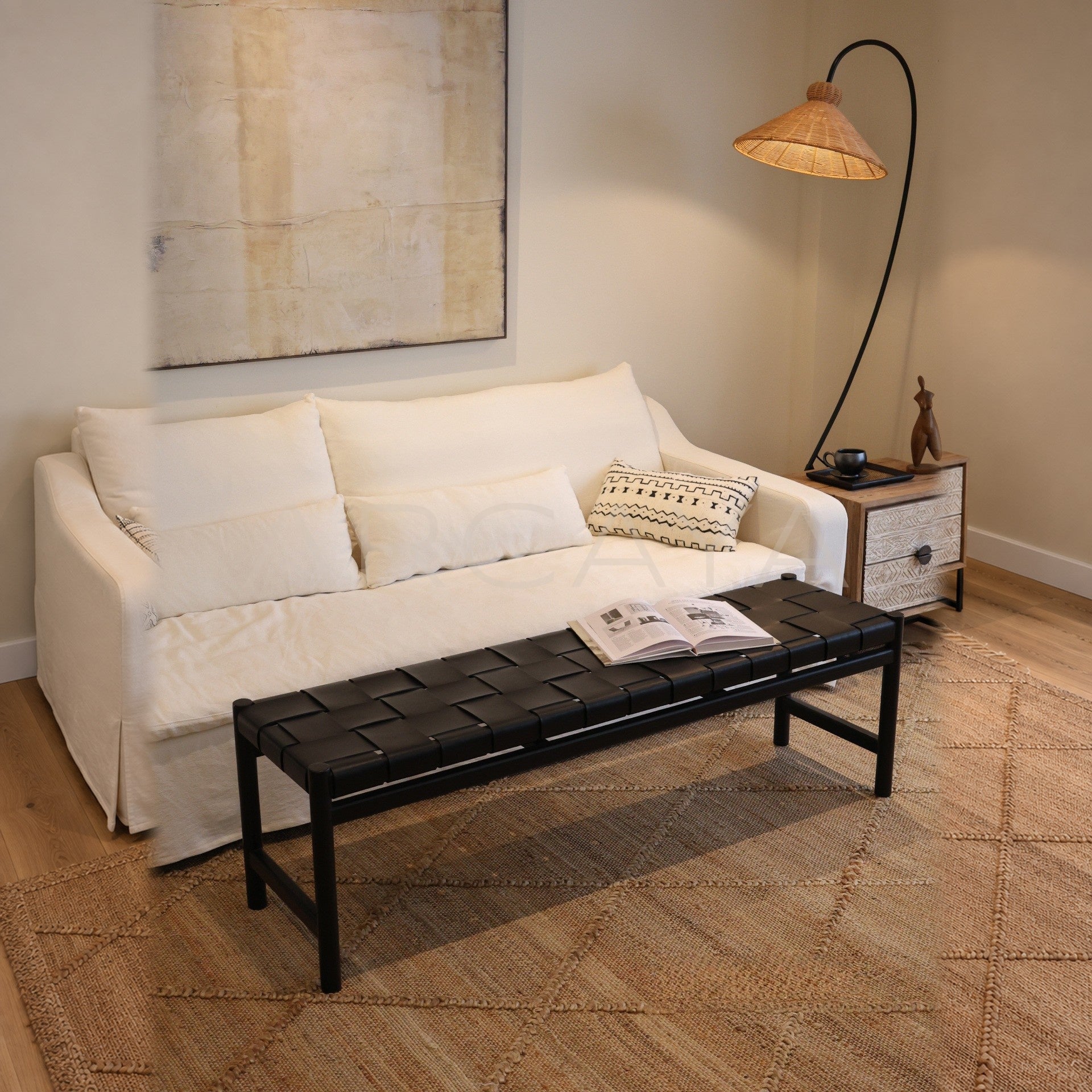 Minimalist Leather Teak Bench - scene