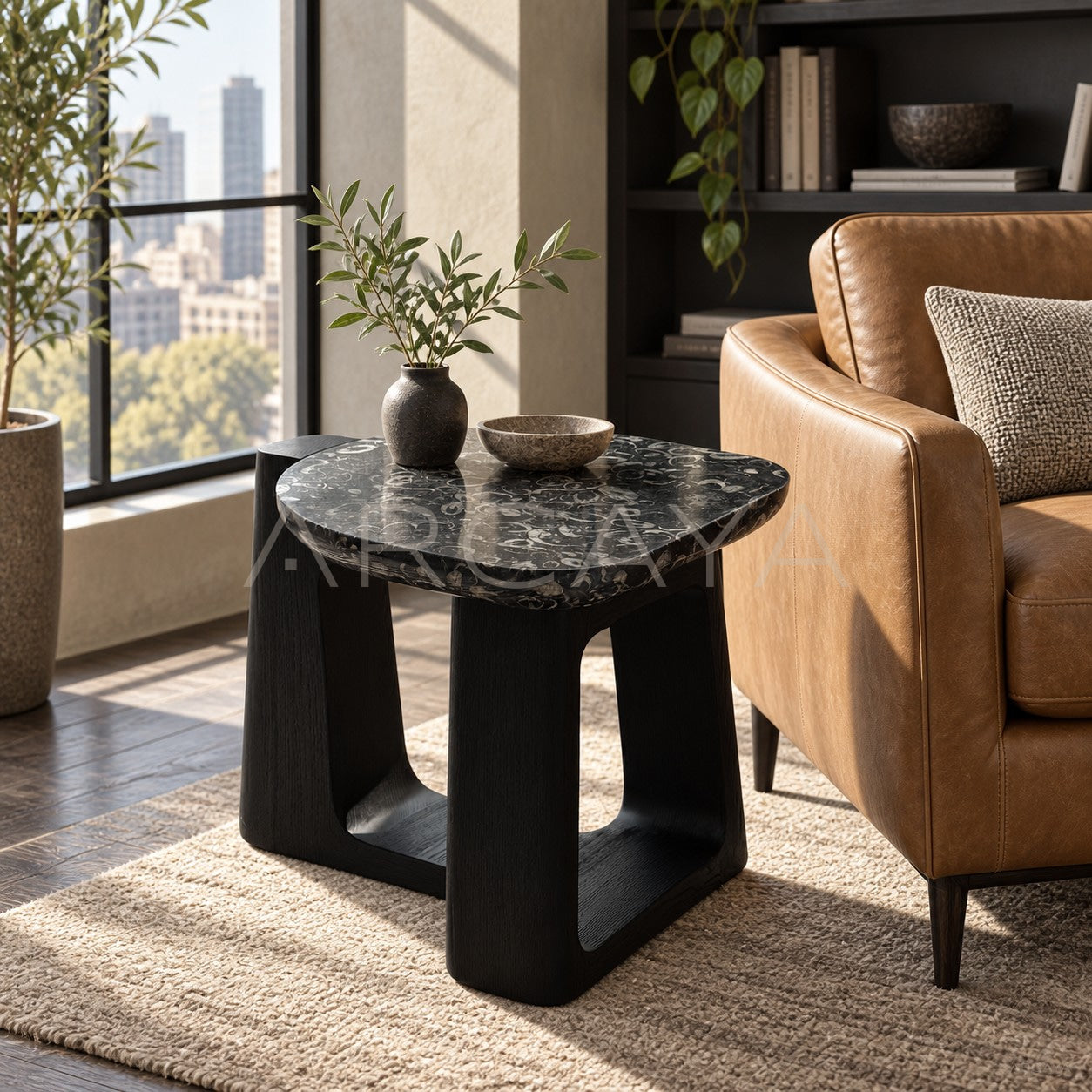 Marble Top Black Geometric Base Side Table