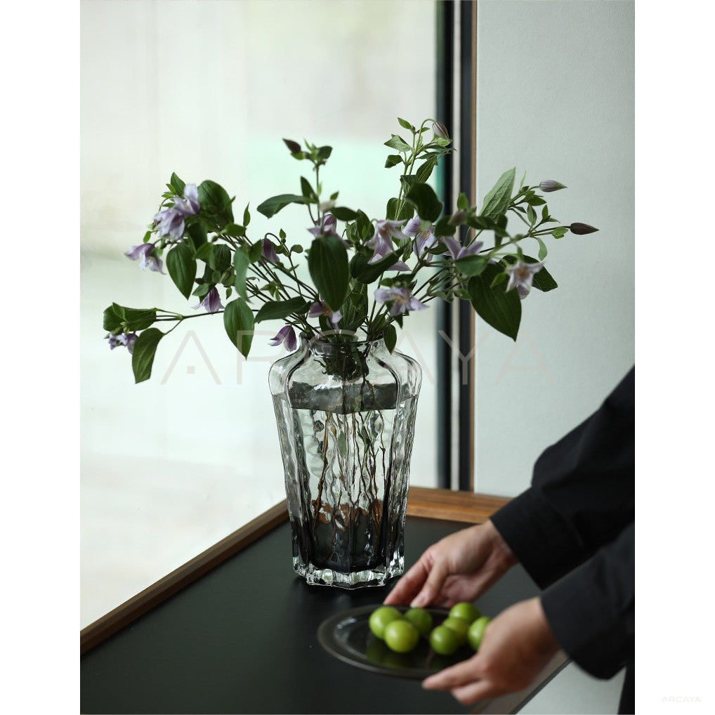 Smoked Grey Ribbed Glass Vase - scene