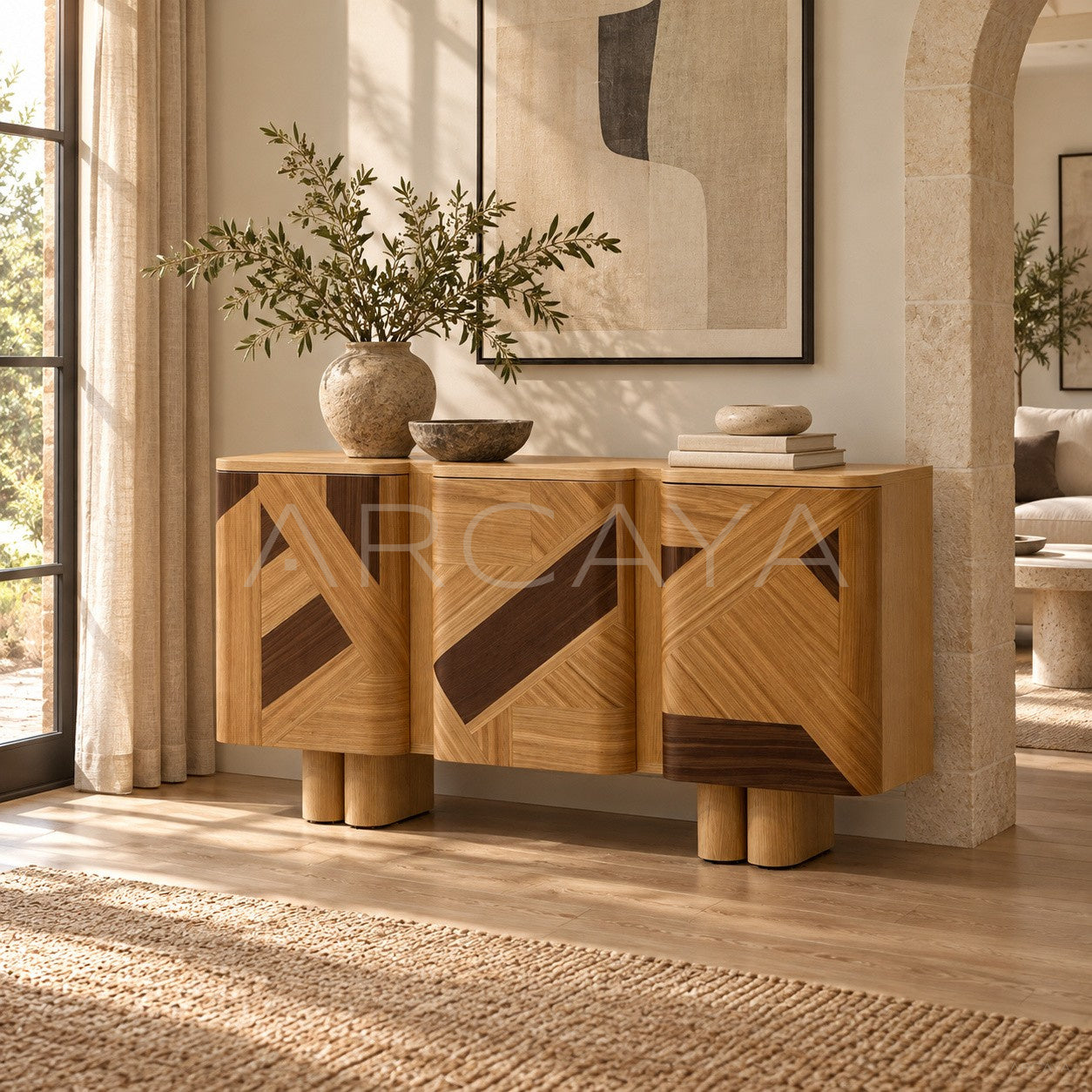Geometric Marquetry Veneer Entryway Cabinet