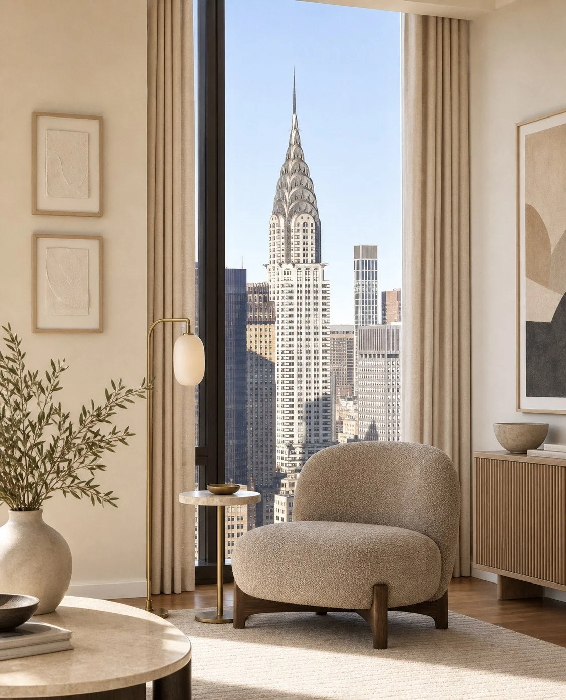 Warm modern high-rise living room