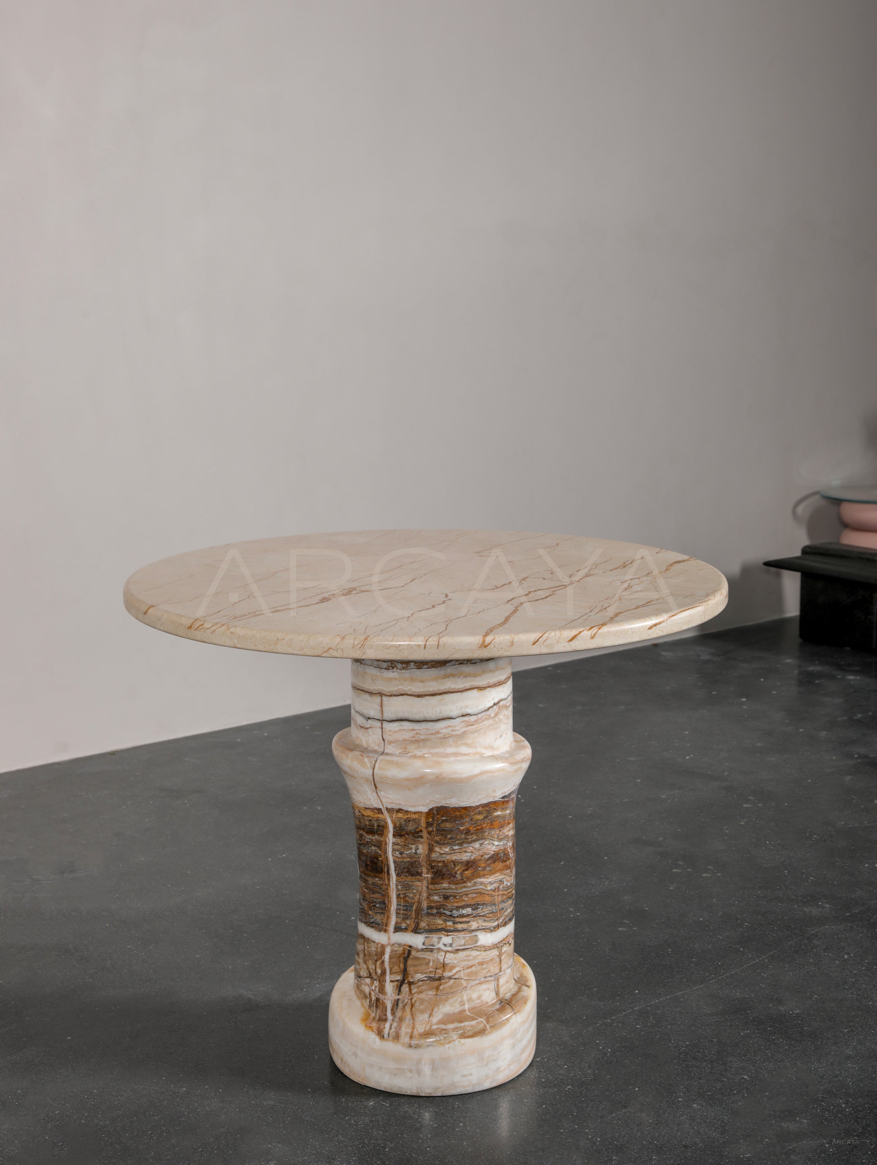 White Brown Marble Column Base Side Table - scene