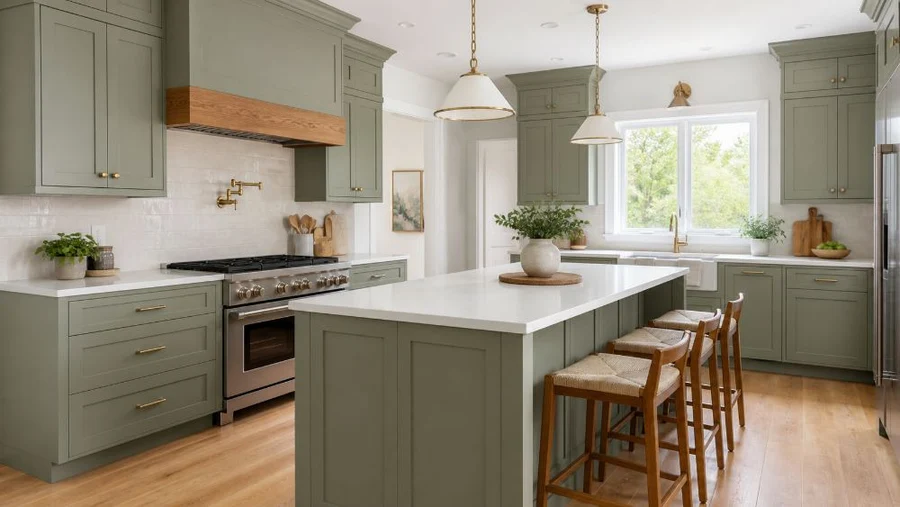 Sage green shaker kitchen cabinets