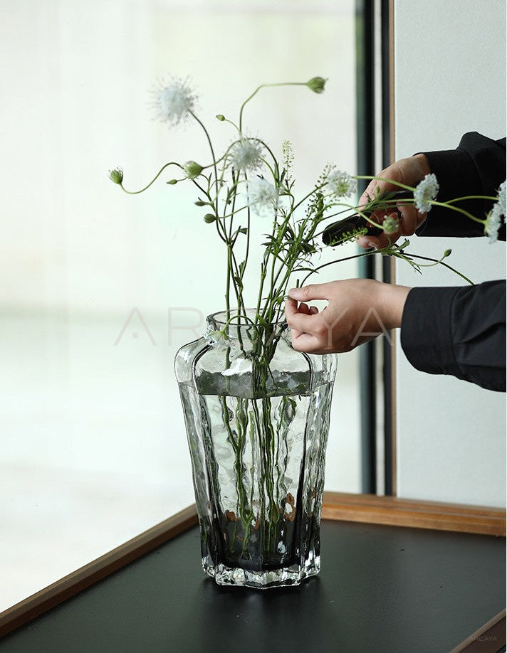 Smoked Grey Ribbed Glass Vase - scene