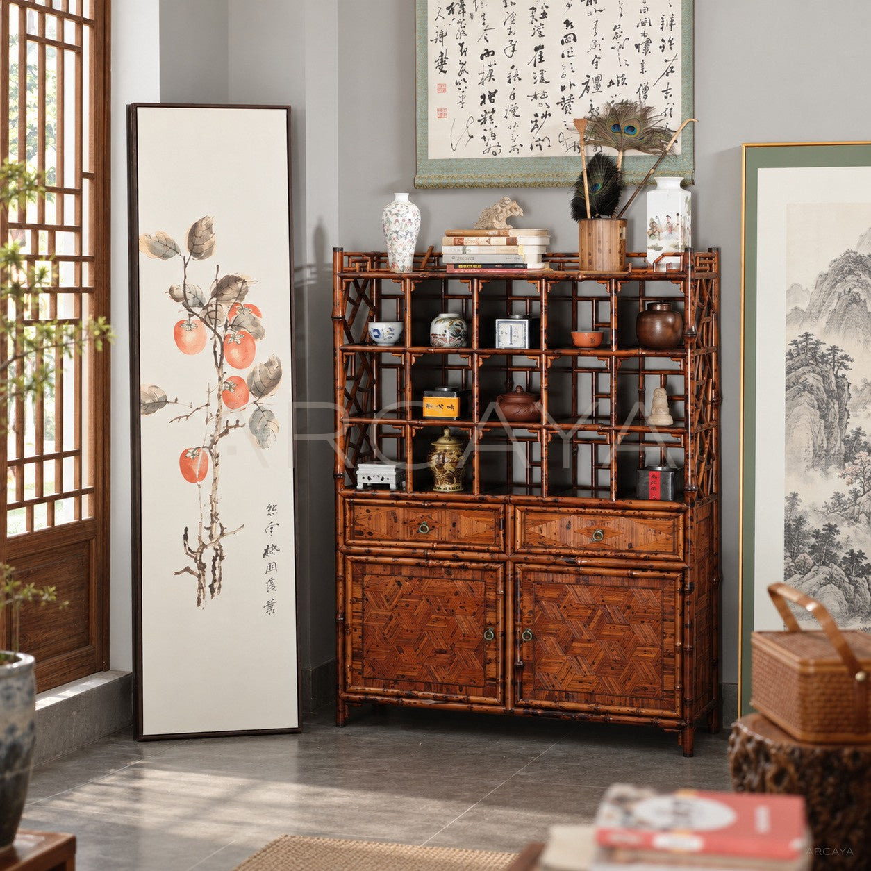 Bamboo Woven Curio Bookcase