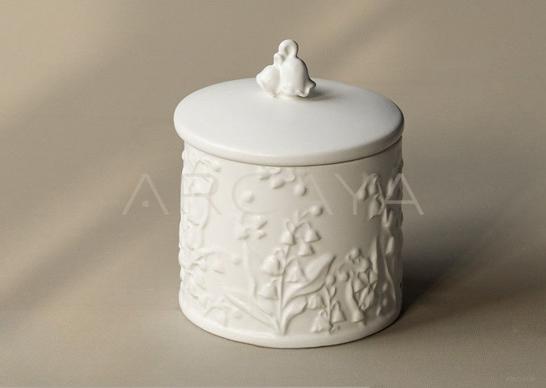 Vintage Relief Lily Of The Valley Storage Jar - scene