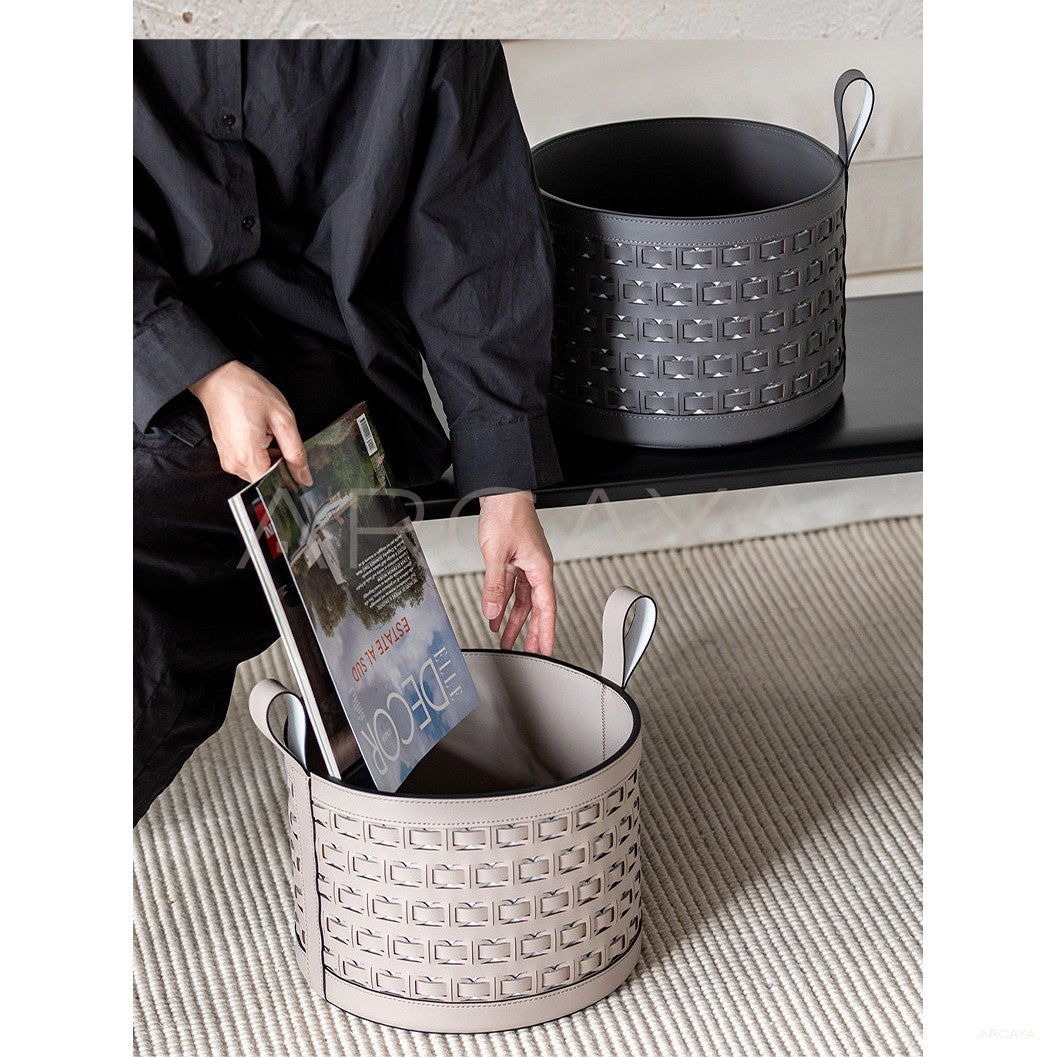 Handwoven Leather Storage Bucket With Handle