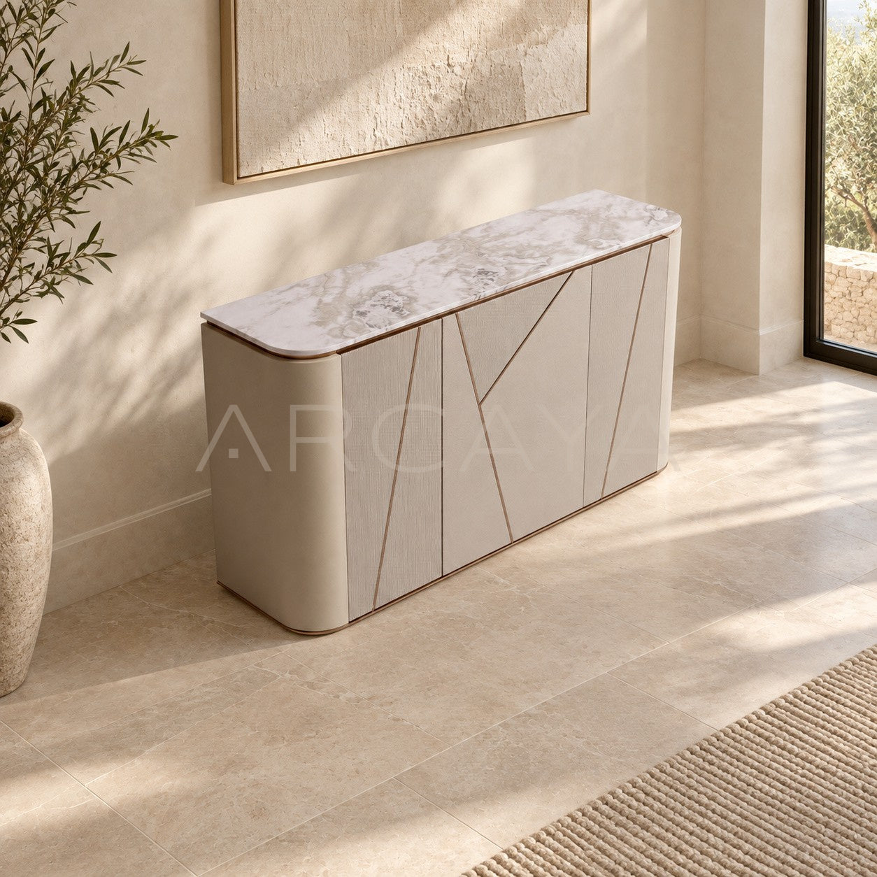 Geometric Leather Sintered Stone Sideboard
