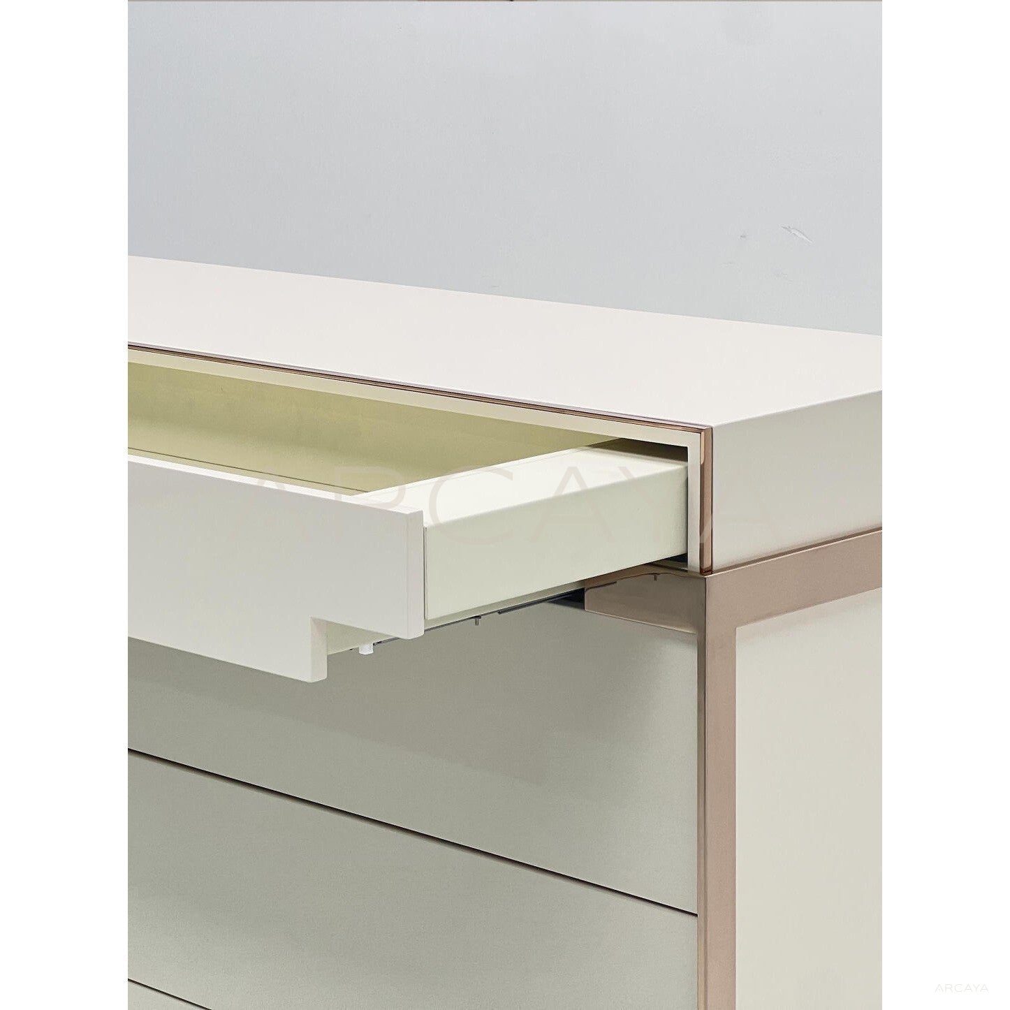 Cream White Eight Drawer Rose Gold Chest - scene