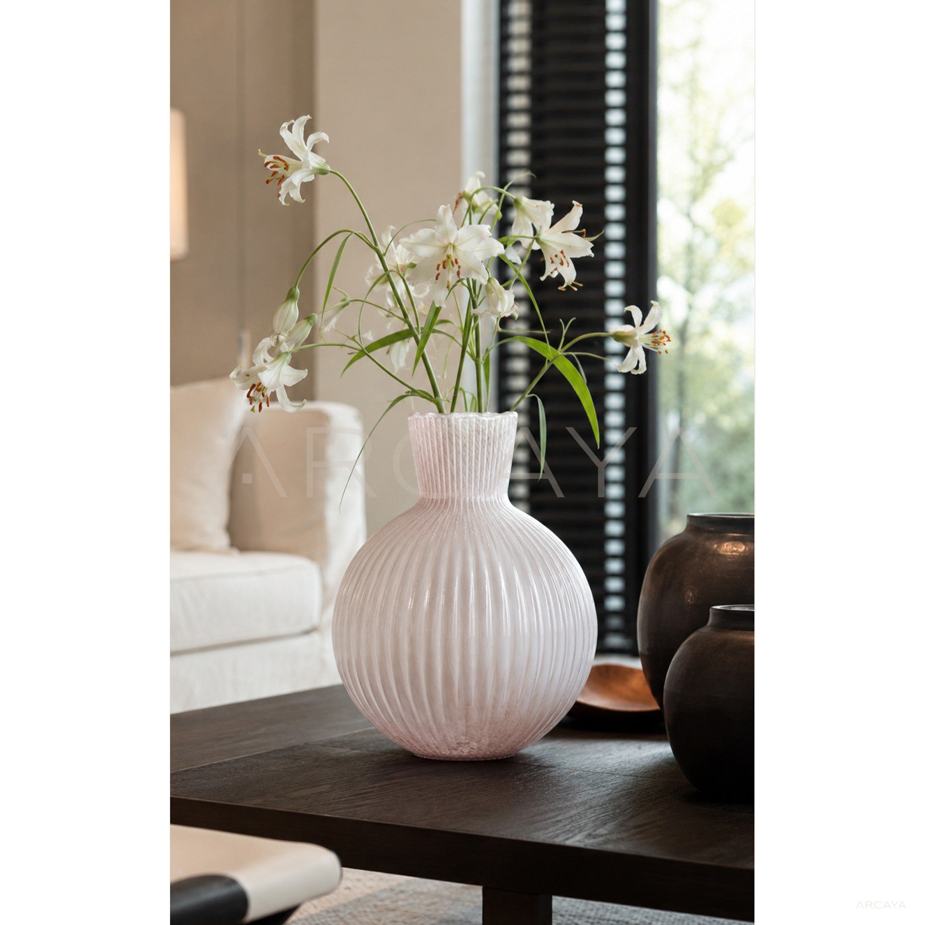 Soft Pink Ribbed Glass Vase - scene