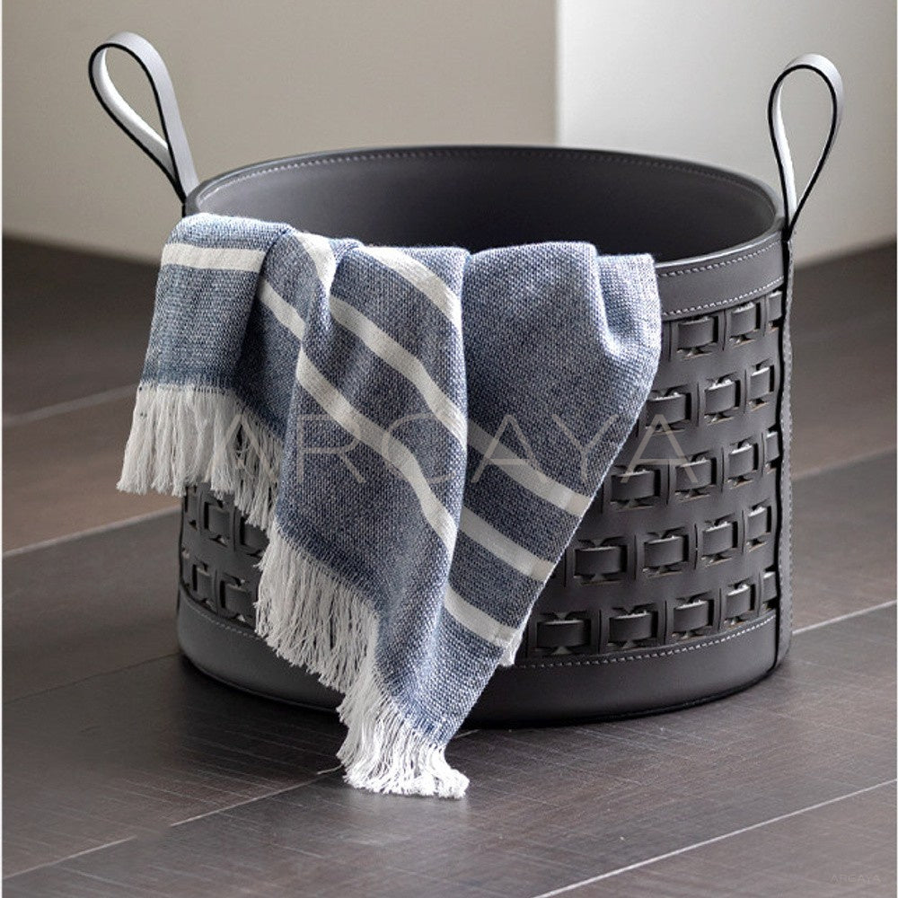 Handwoven Leather Storage Bucket With Handle