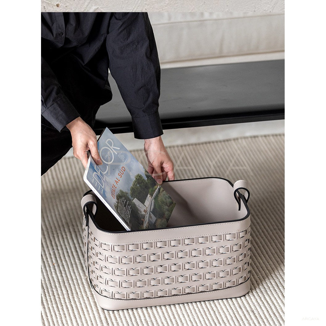 Handwoven Leather Storage Basket With Handles
